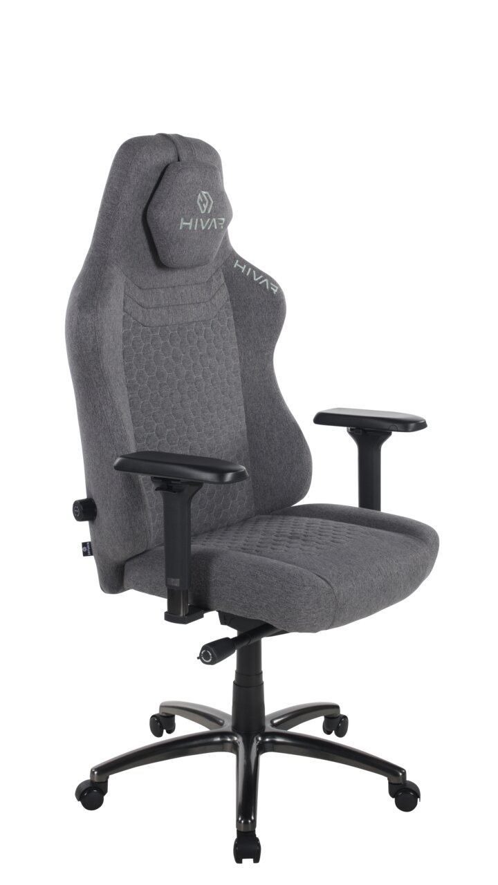 Grauer Gaming-Stuhl mit ergonomischem Design, verstellbaren Armlehnen und stabiler Basis, seitliche Perspektive