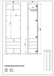 Technische Zeichnung eines Garderobenschranks mit den Maßen: Breite 59 cm, Höhe 197 cm, Tiefe 40 cm. Front- und Seitenansicht des Schranks.