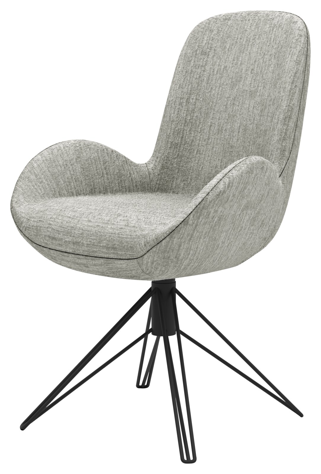 Grauer Armlehnstuhl mit modernem Design und schwarzem Metallgestell, seitliche Perspektive