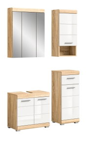 Badezimmermöbel-Set in Holzoptik mit weißen Fronten, bestehend aus einem Spiegelschrank, einem Hochschrank, einem Waschtischunterschrank und einem Midischrank, frontal abgebildet.
