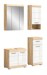 Badezimmermöbel-Set in Holzoptik mit weißen Fronten, bestehend aus einem Spiegelschrank, einem Hochschrank, einem Waschtischunterschrank und einem Midischrank, frontal abgebildet.