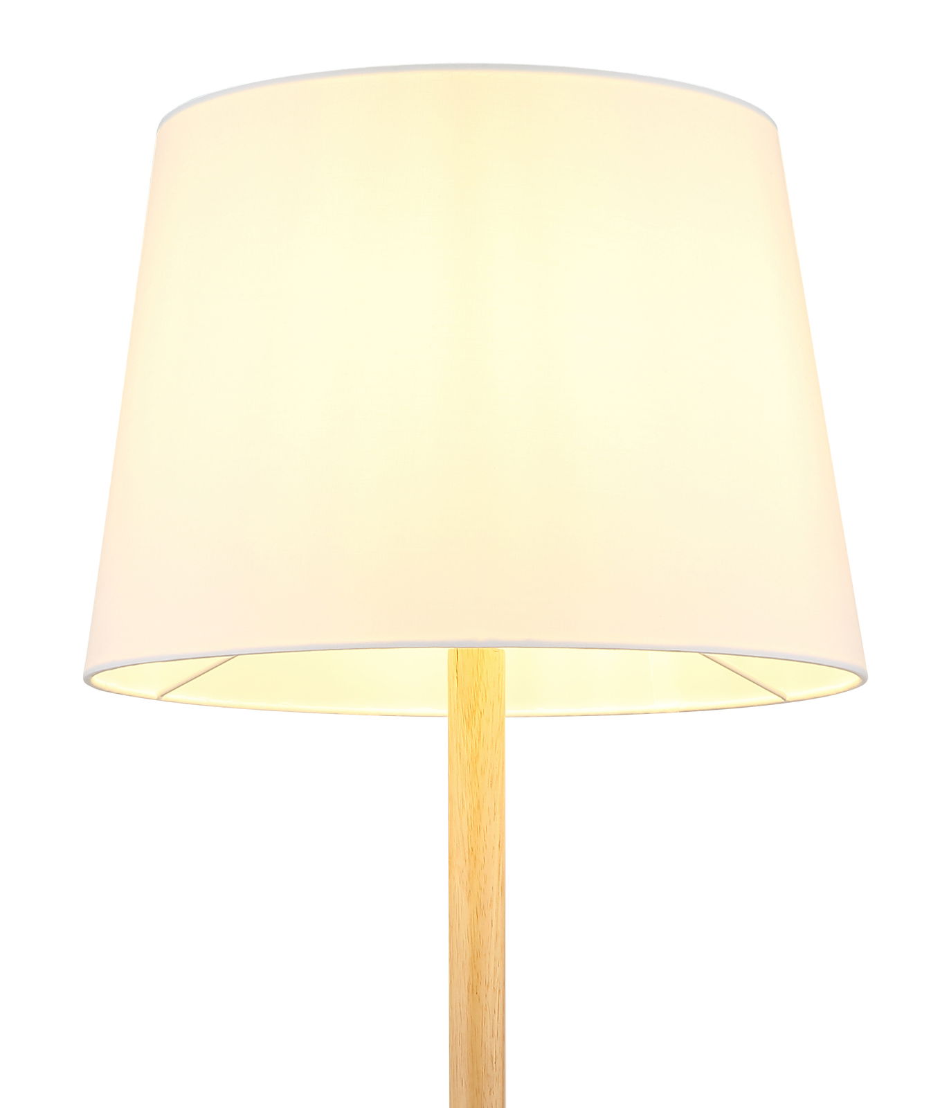Stehleuchte mit hellem Lampenschirm und Holzständer, seitliche Perspektive