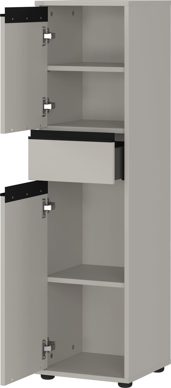 Grauer Schrank mit zwei offenen Türen und einer Schublade, seitliche Perspektive