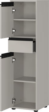 Grauer Schrank mit zwei offenen Türen und einer Schublade, seitliche Perspektive