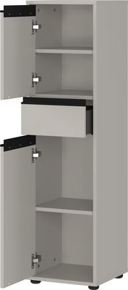 Grauer Schrank mit zwei offenen Türen und einer Schublade, seitliche Perspektive