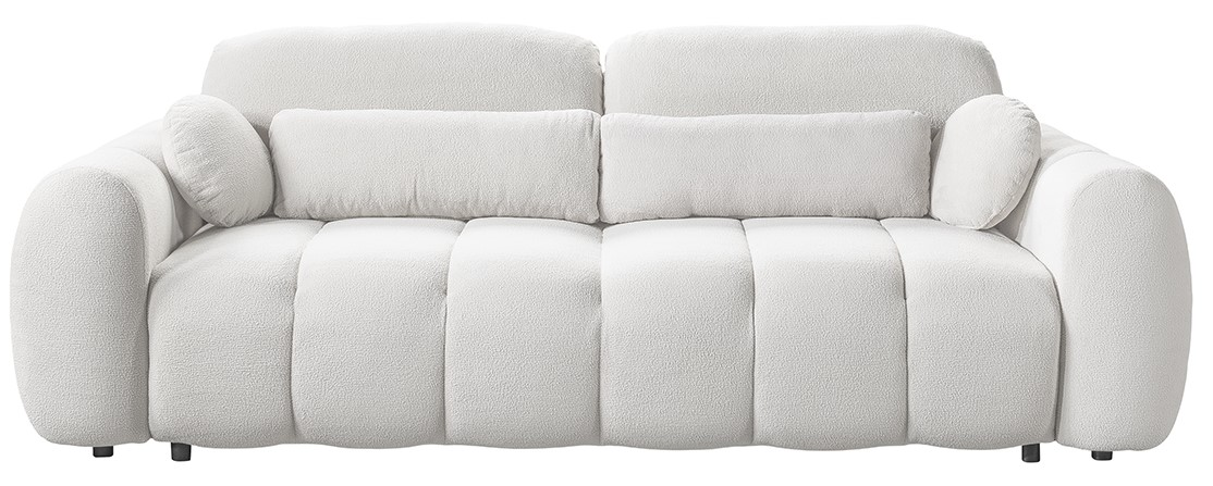 Weißes Funktionssofa mit runden Armlehnen und Kissen, Frontalansicht