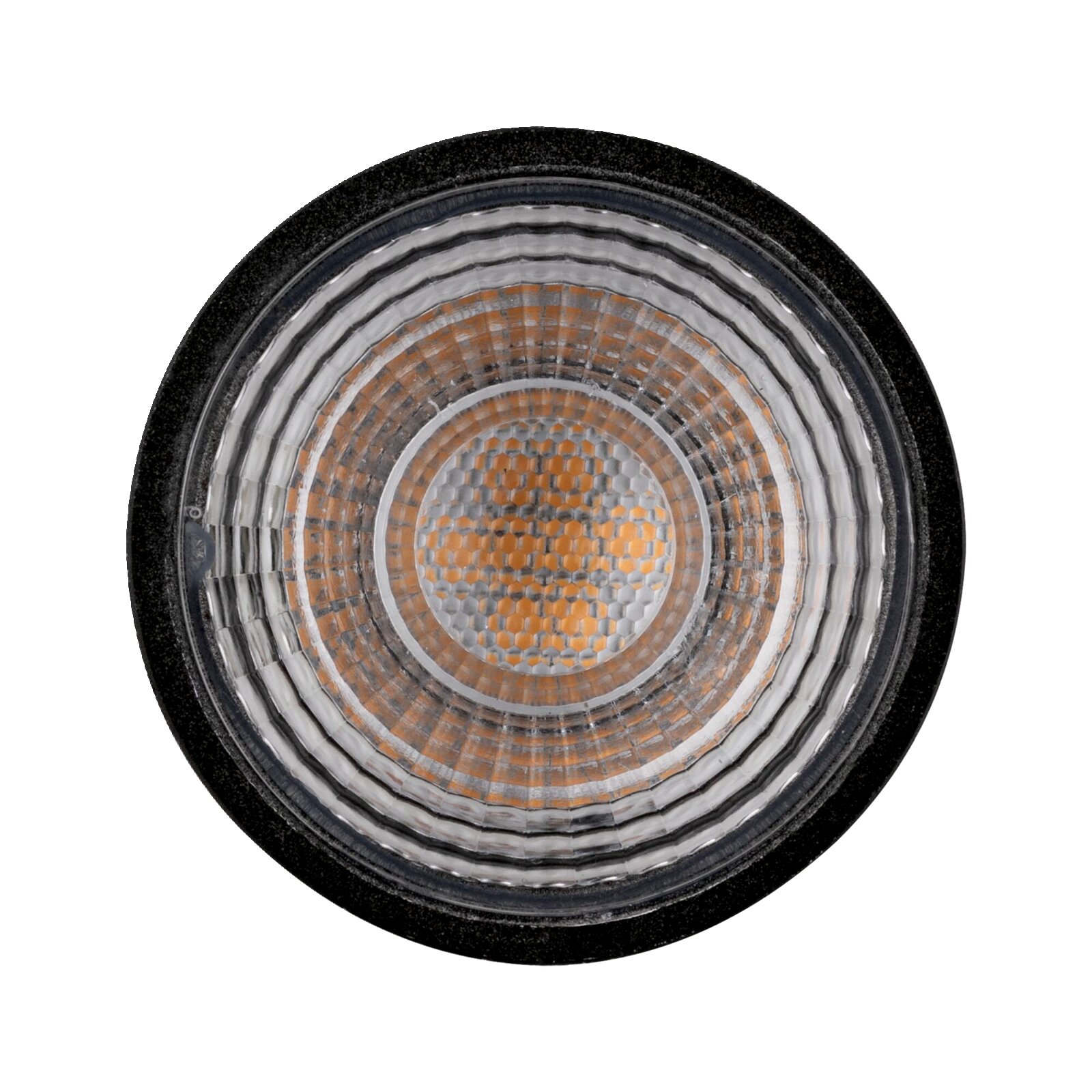 Vooraanzicht van een ledlamp met een cirkelvormig, geribbeld ontwerp en een centraal lichtgebied.