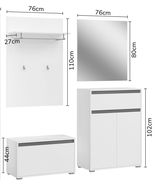Garderobenkombination bestehend aus einem Wandpaneel mit Ablage und Haken, einem Spiegel, einer Sitzbank und einem Schrank, frontal abgebildet.