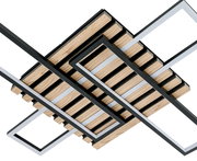 Moderne LED-Deckenleuchte mit geometrischem Design aus Holz und Metall, seitliche Perspektive