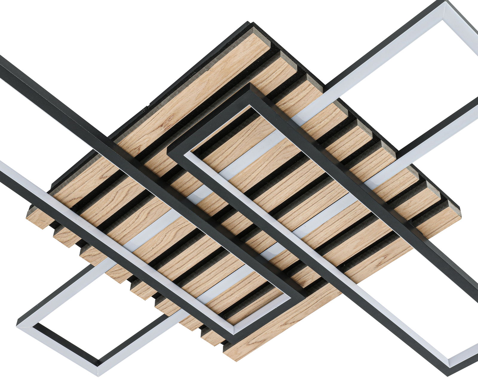 Moderne LED-Deckenleuchte mit geometrischem Design aus Holz und Metall, seitliche Perspektive