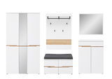 Garderobenset 5-tlg. in Weiß mit Holzdetails, bestehend aus einem großen Schrank, einer Wandgarderobe mit Haken, einem Spiegel, einer Sitzbank mit Stauraum und einem kleinen Schrank. Frontalansicht.
