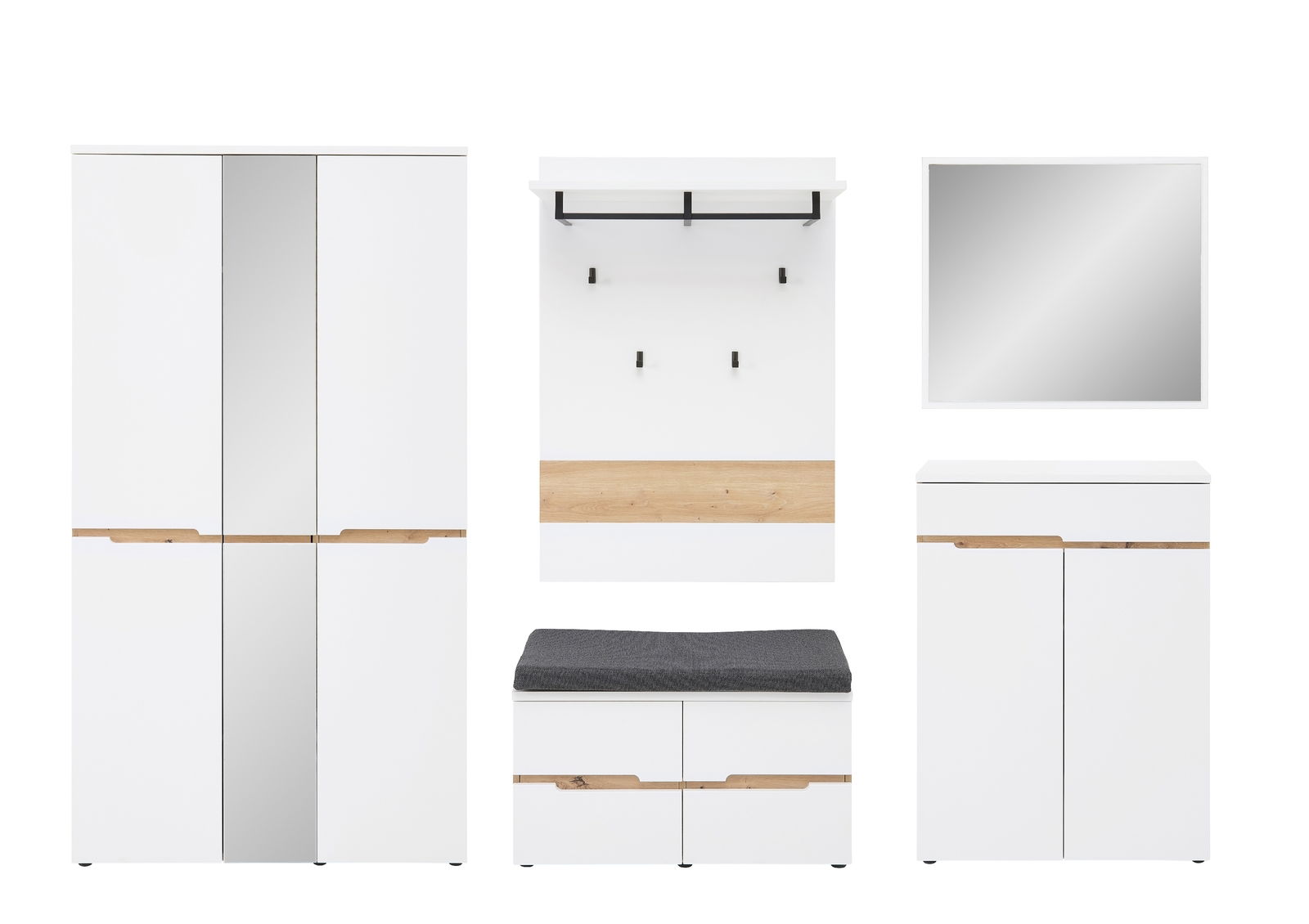 XORA Garderobenset 5-tlg. MEMPHIS Garderobenset 5-tlg. in Weiß mit Holzdetails, bestehend aus einem großen Schrank, einer Wandgarderobe mit Haken, einem Spiegel, einer Sitzbank mit Stauraum und einem kleinen Schrank. Frontalansicht.