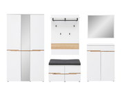 Garderobenset 5-tlg. in Weiß mit Holzdetails, bestehend aus einem großen Schrank, einer Wandgarderobe mit Haken, einem Spiegel, einer Sitzbank mit Stauraum und einem kleinen Schrank. Frontalansicht.