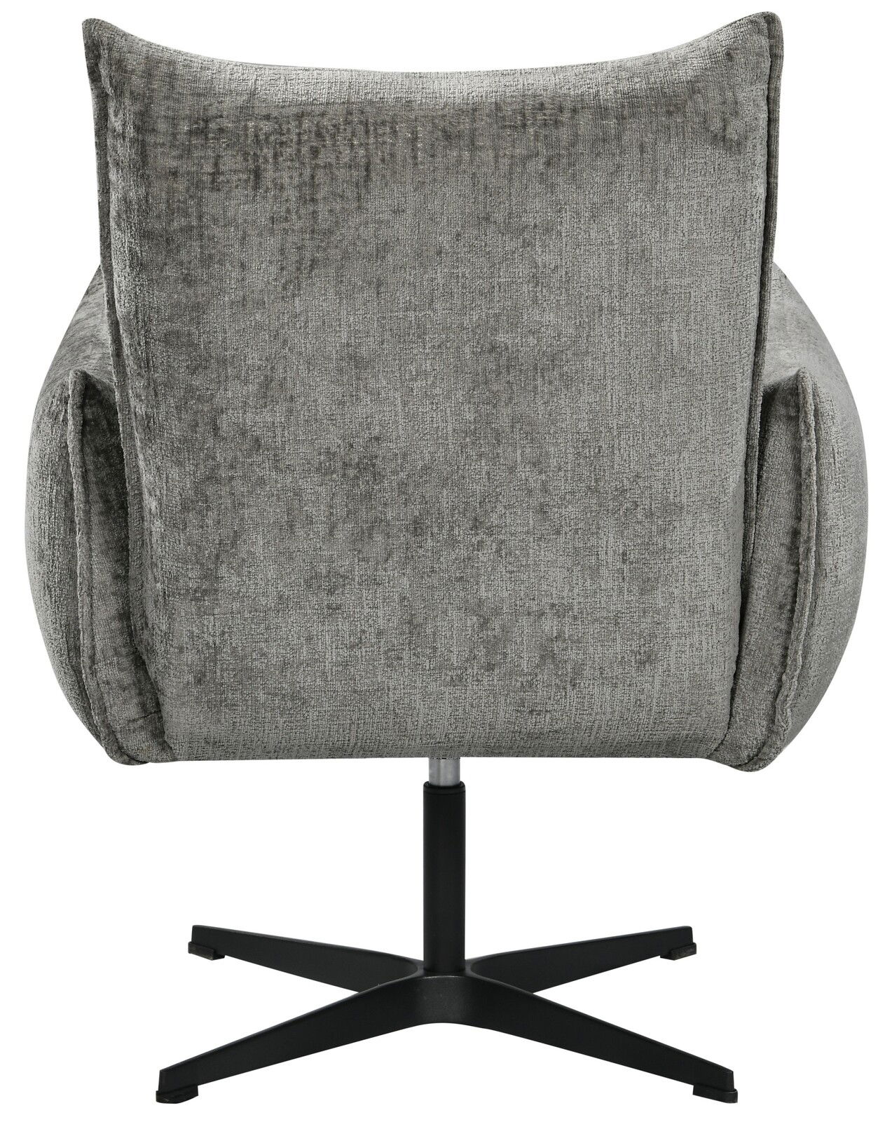 Rückansicht eines grauen Relaxsessels mit schwarzem Drehfuß