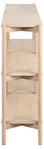 Seitenansicht eines Livetastic Regals OXFORD aus hellem Holz mit mehreren Ablageflächen.