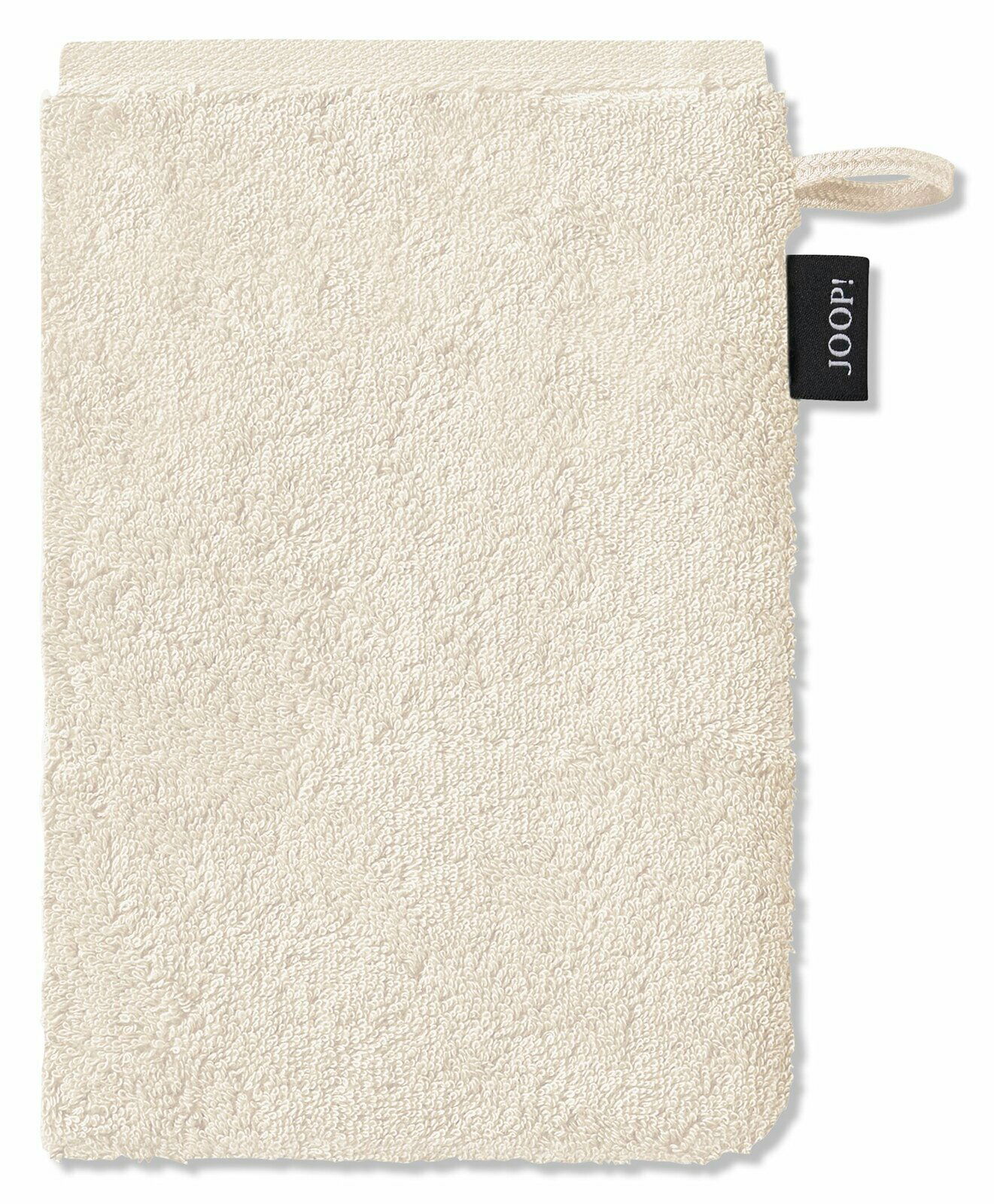 Beiger Waschhandschuh aus Frottee mit Aufhänger und schwarzem Etikett, Vorderansicht