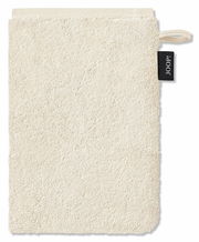 Beiger Waschhandschuh aus Frottee mit Aufhänger und schwarzem Etikett, Vorderansicht