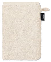 Beiger Waschhandschuh aus Frottee mit Aufhänger und schwarzem Etikett, Vorderansicht