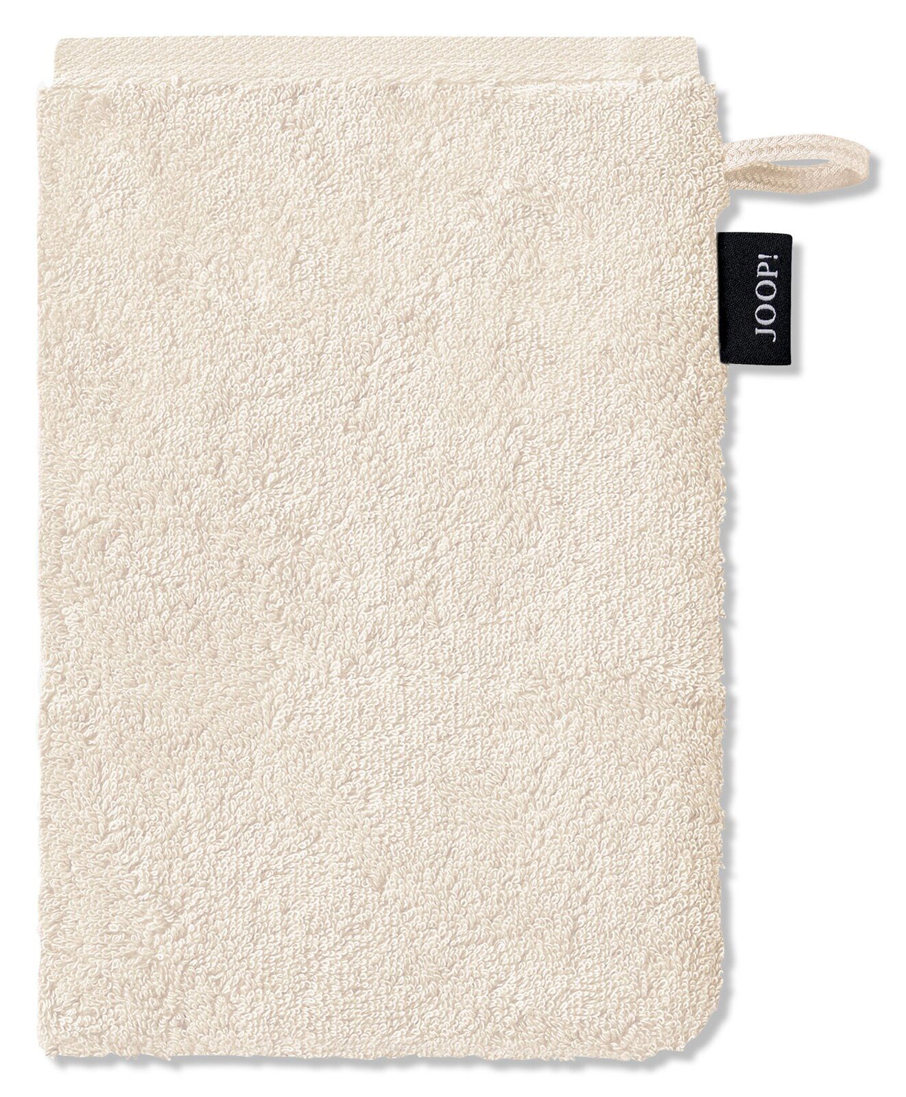 Beiger Waschhandschuh aus Frottee mit Aufhänger und schwarzem Etikett, Vorderansicht