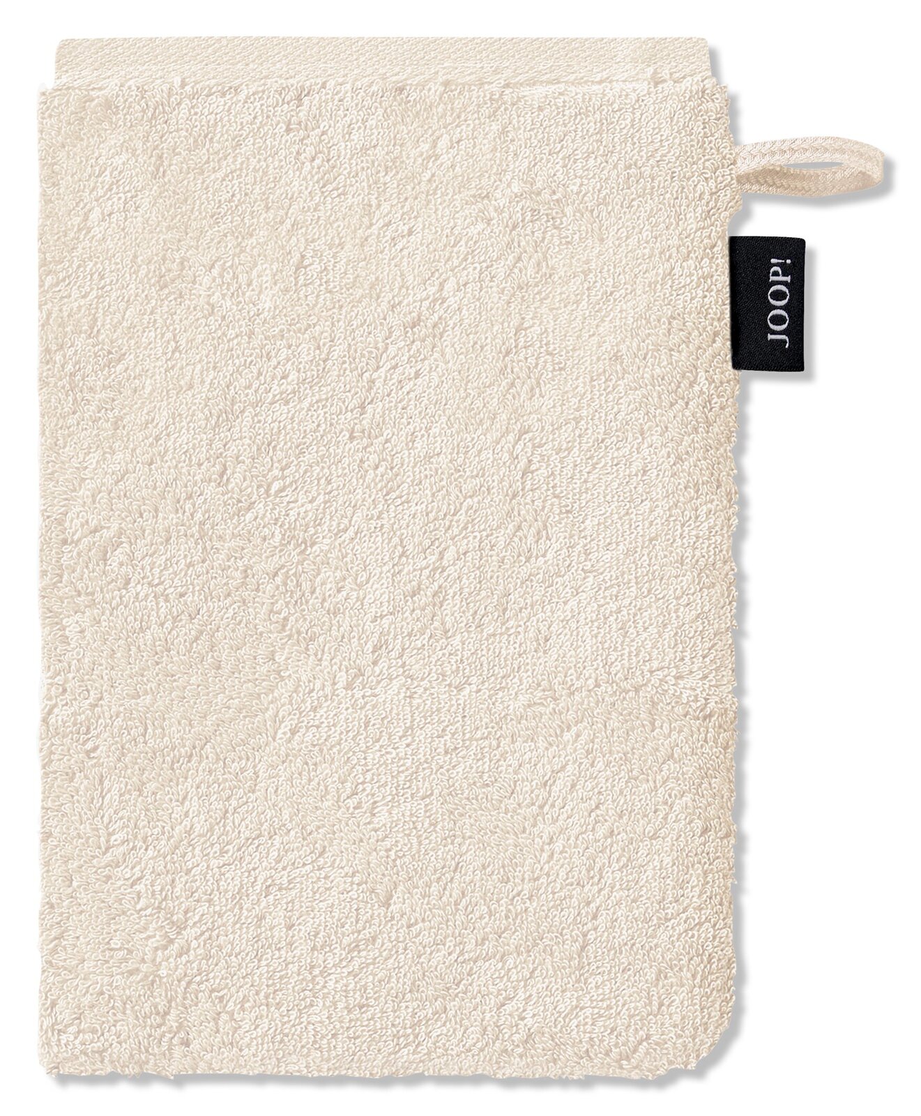 JOOP! Waschhandschuh Beiger Waschhandschuh aus Frottee mit Aufhänger und schwarzem Etikett, Vorderansicht