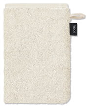 Beiger Waschhandschuh aus Frottee mit Aufhänger und schwarzem Etikett, Vorderansicht