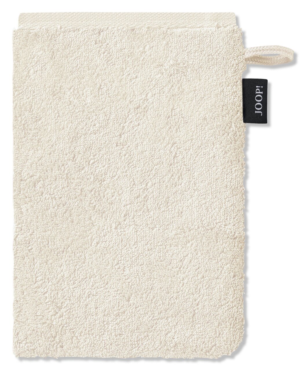 Beiger Waschhandschuh aus Frottee mit Aufhänger und schwarzem Etikett, Vorderansicht