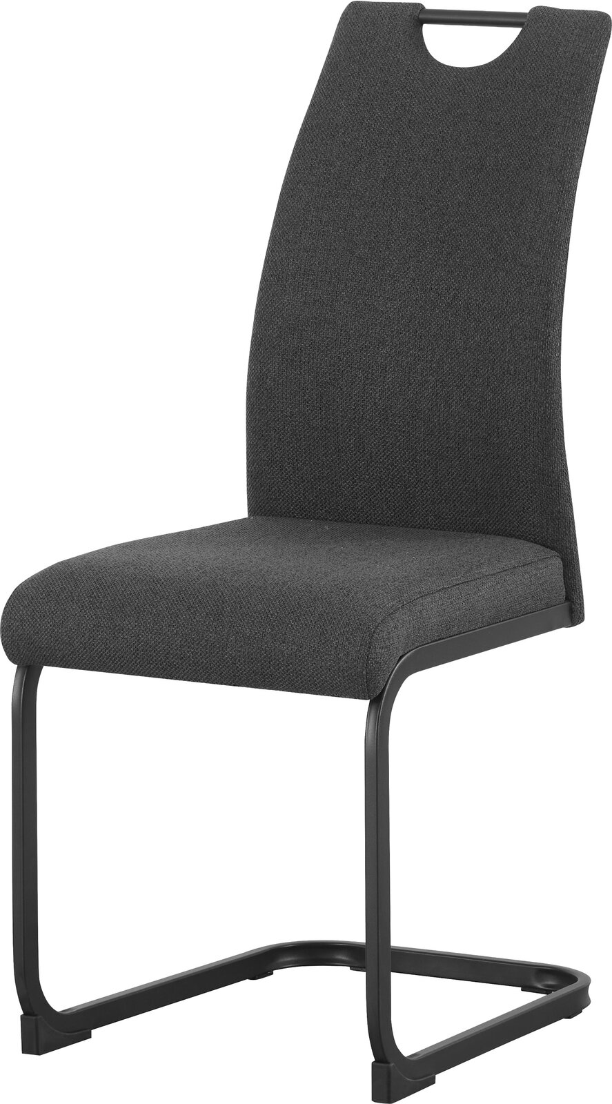 Dunkelgrauer Polster-Schwingstuhl mit Stoffbezug, hoher Rückenlehne mit Griffausschnitt und schwarzem Metallgestell, schräg von vorne links fotografiert