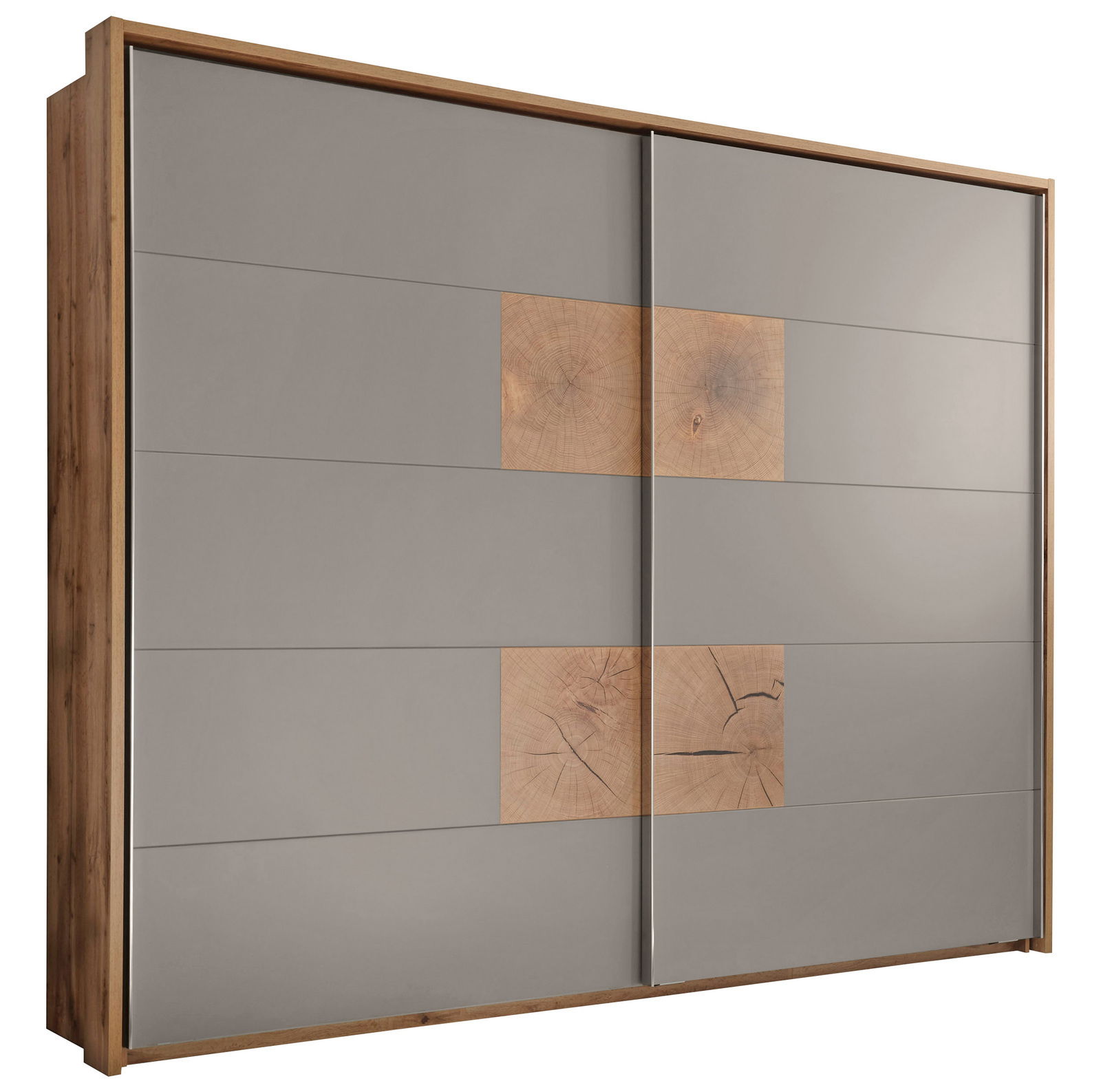 Z2 Schwebetürenschrank 2-türig CAPRI Moderner Schwebetürenschrank mit zwei Türen, grauer Oberfläche und Holzakzenten, seitliche Perspektive