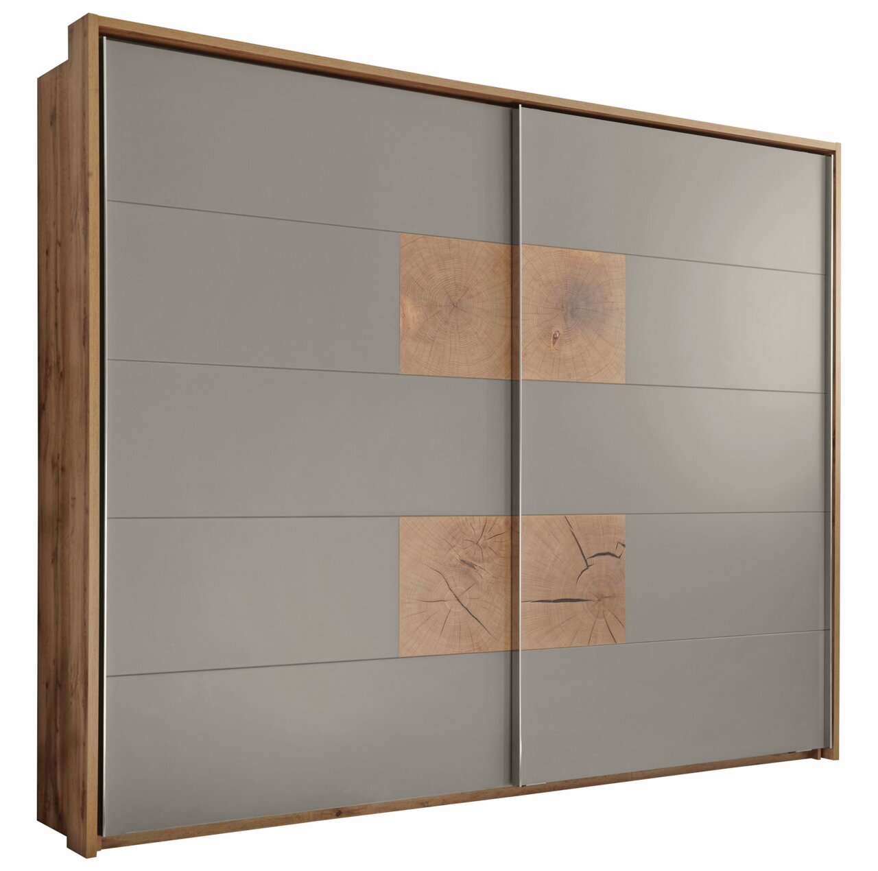 Z2 Schwebetürenschrank 2-türig CAPRI Moderner Schwebetürenschrank mit zwei Türen, grauer Oberfläche und Holzakzenten, seitliche Perspektive