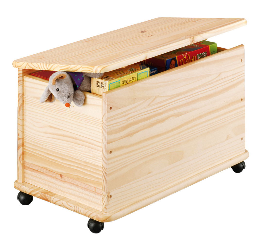 Holz-Aufbewahrungstruhe mit Rollen, teilweise geöffnet, gefüllt mit Spielzeug und Spielen, seitliche Perspektive