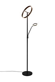 Moderne Stehleuchte Willis mit zwei ringförmigen Leuchtelementen, schwarze Struktur, seitliche Perspektive