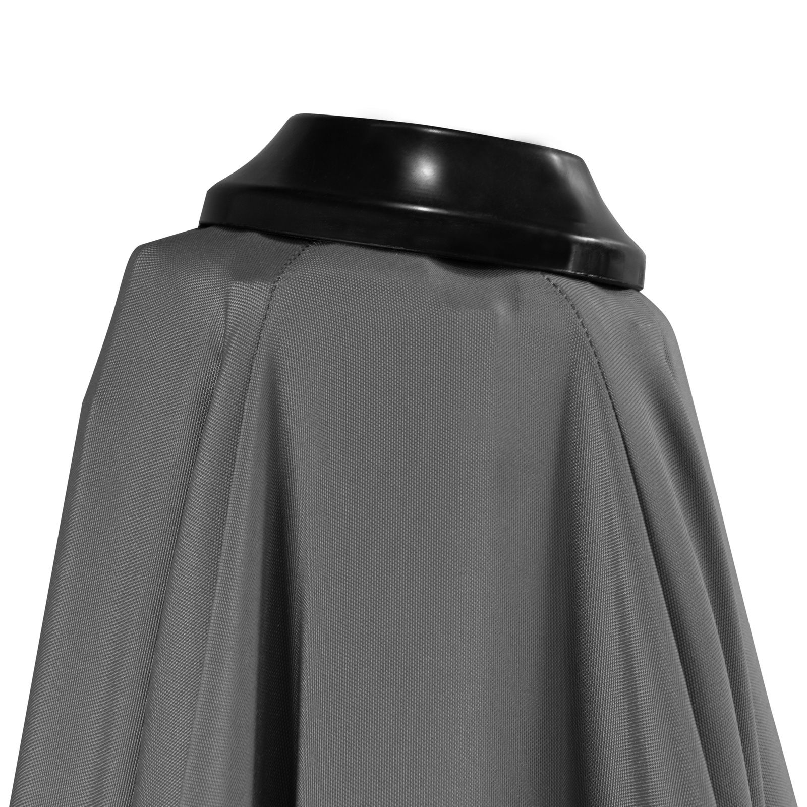 Nahaufnahme eines grauen Pendelschirms mit schwarzem Rand, von oben betrachtet.