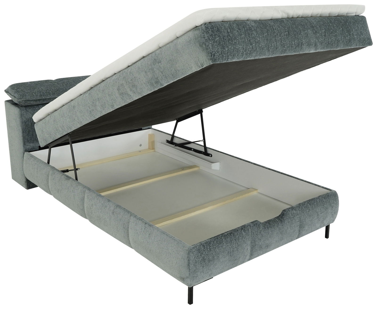 Boxbett mit geöffnetem Stauraum, seitliche Perspektive