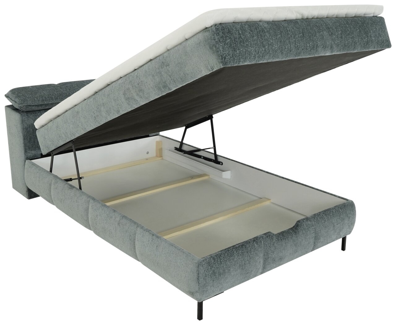 Boxbett mit geöffnetem Stauraum, seitliche Perspektive