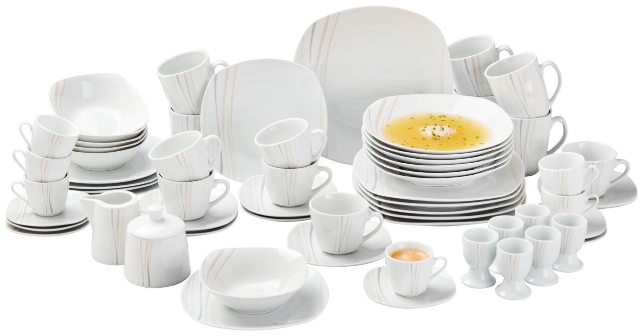 Novel Kombiservice 62-tlg. Kombiservice 62-teilig in eleganter weißer Keramik mit dezentem Streifenmuster, bestehend aus Tellern, Tassen, Schalen und Eierbechern, aus der Vogelperspektive.