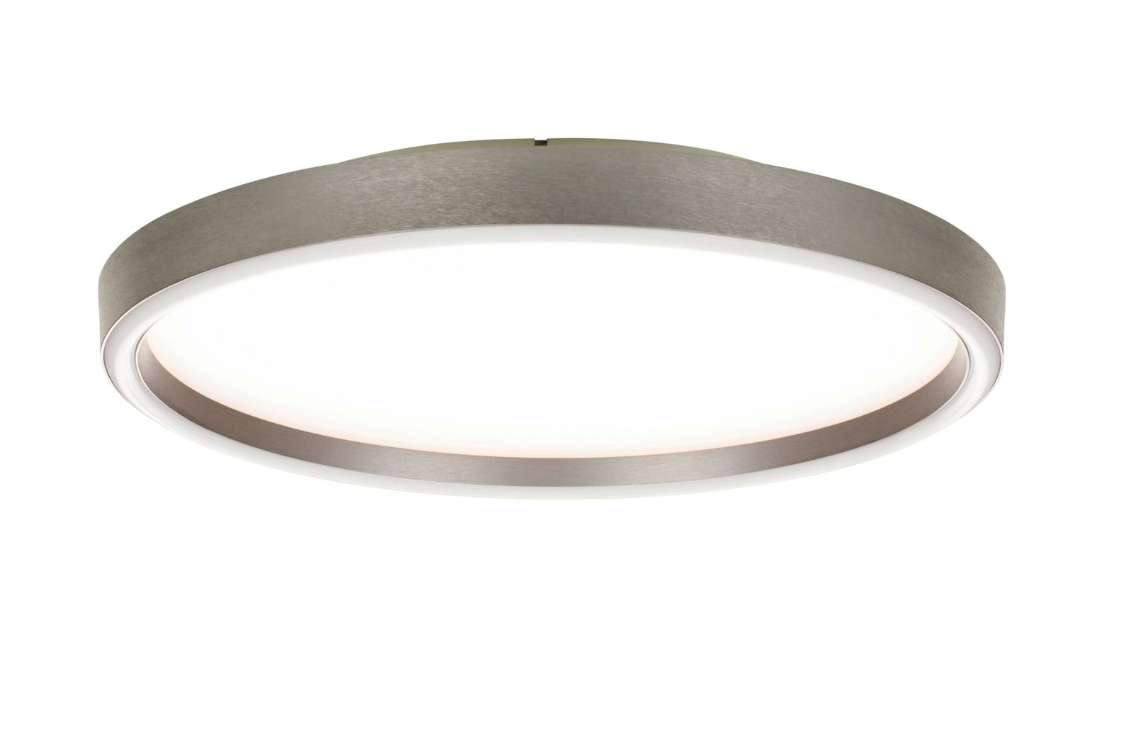 Moderne LED-Deckenleuchte in Seitenansicht mit rundem, flachem Design und silbernem Rahmen.