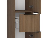 Hochschrank aus Holz mit geöffneter Tür und Schublade, seitliche Perspektive