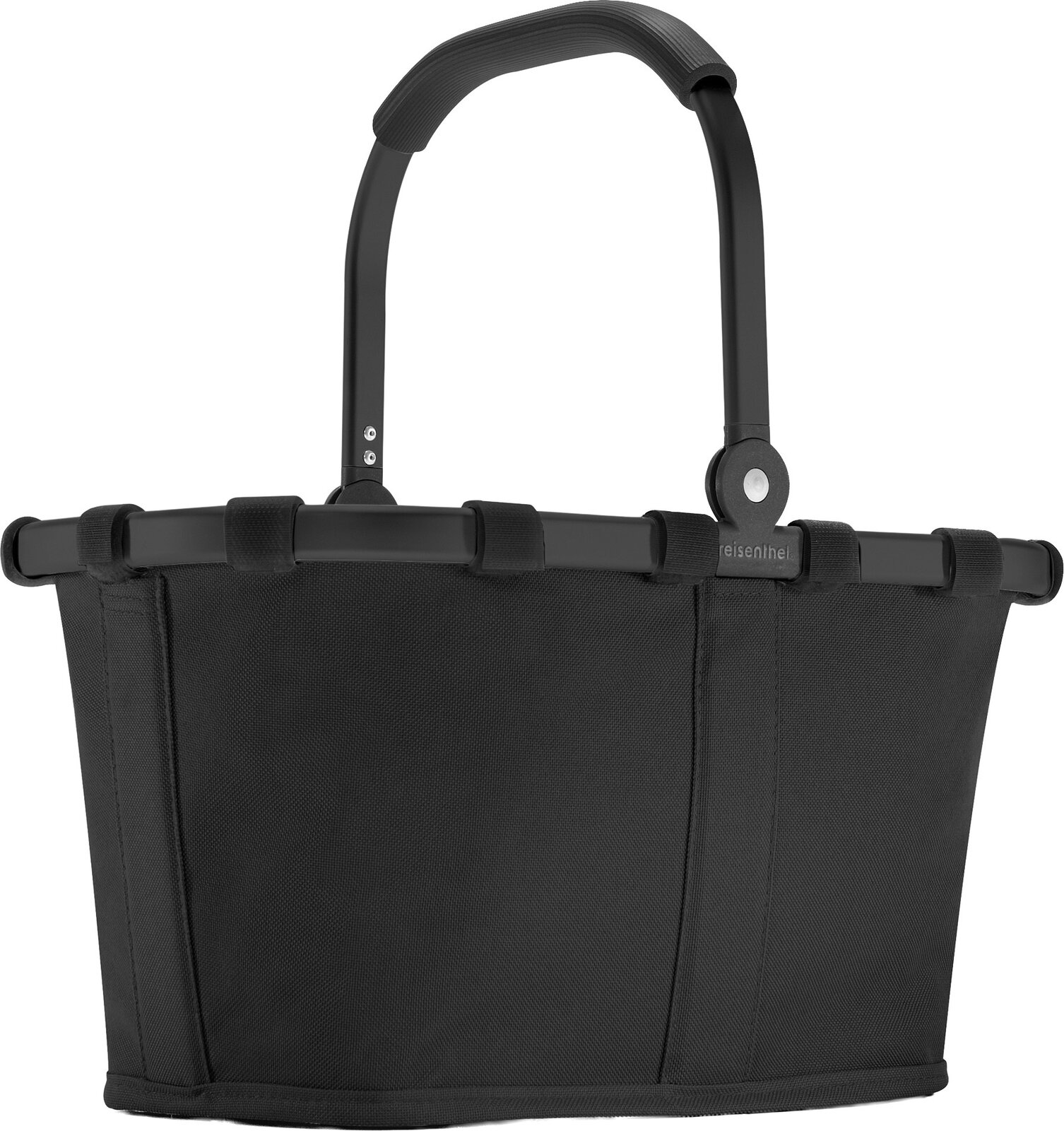 Schwarzer Einkaufskorb mit klappbarem Tragebügel und Stoffeinsatz, Frontansicht leicht von oben vor weißem Hintergrund