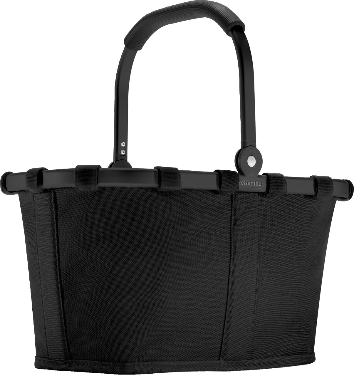 Reisenthel Carrybag XS BLACK Schwarzer Einkaufskorb mit klappbarem Tragebügel und Stoffeinsatz, Frontansicht leicht von oben vor weißem Hintergrund