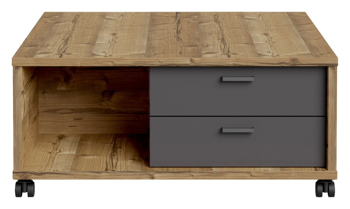 Moderner Couchtisch aus Holz mit zwei Schubladen in grauer Farbe, auf Rollen, Frontalansicht.