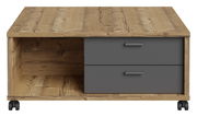 Moderner Couchtisch aus Holz mit zwei Schubladen in grauer Farbe, auf Rollen, Frontalansicht.