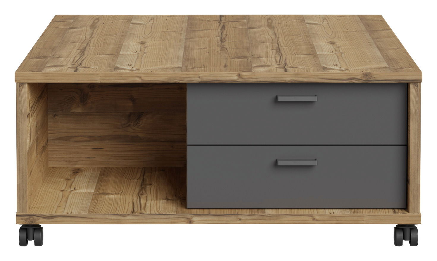 Moderner Couchtisch aus Holz mit zwei Schubladen in grauer Farbe, auf Rollen, Frontalansicht.
