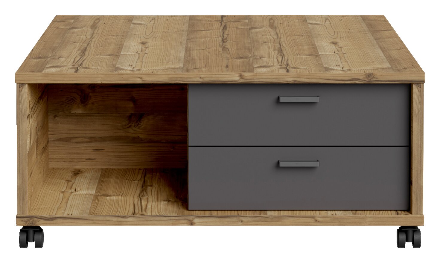 Moderner Couchtisch aus Holz mit zwei Schubladen in grauer Farbe, auf Rollen, Frontalansicht.