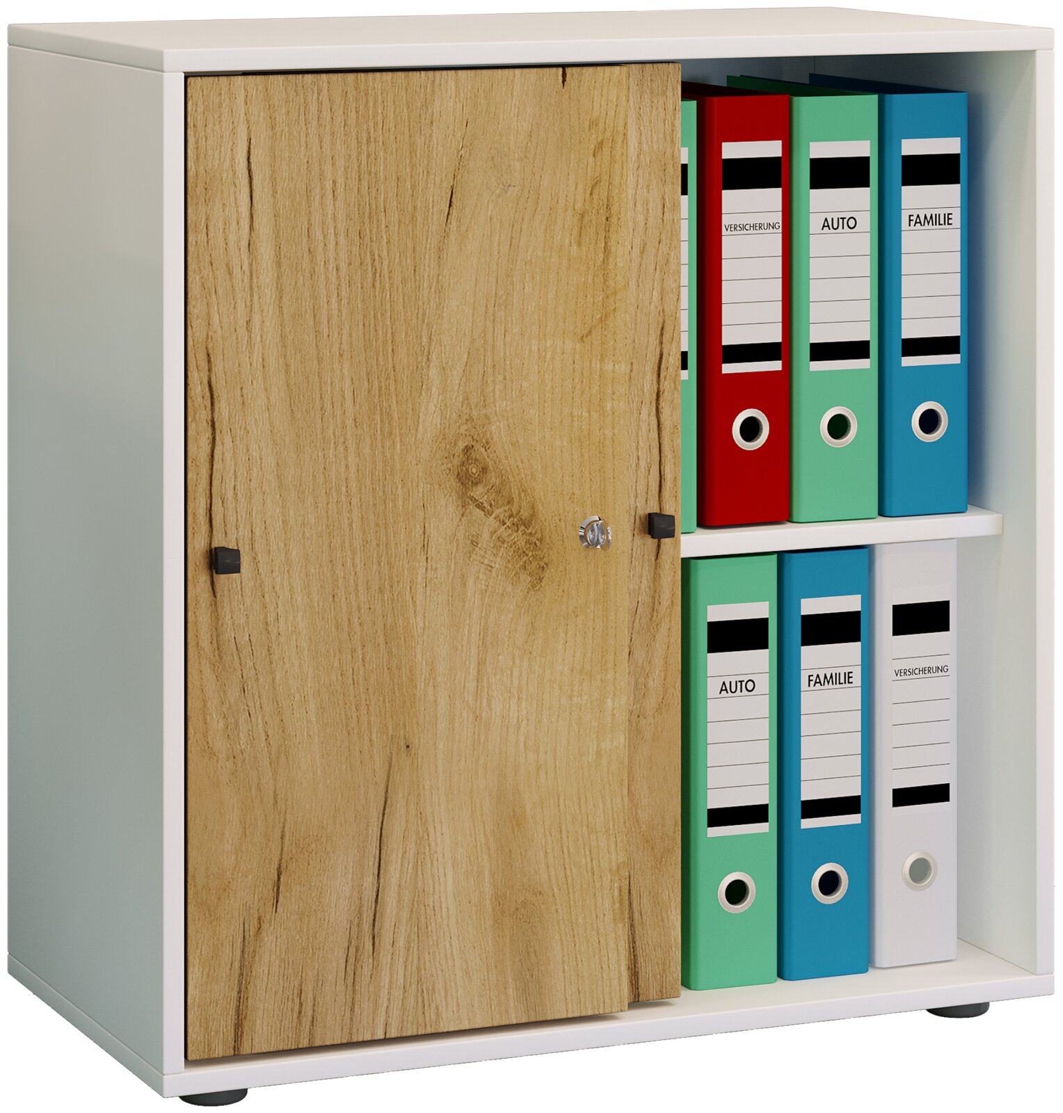 Weißer Büroschrank/Regal mit Holz-Schiebetür, teilweise geöffnet, mit bunten Aktenordnern im Inneren, Frontansicht leicht schräg von rechts
