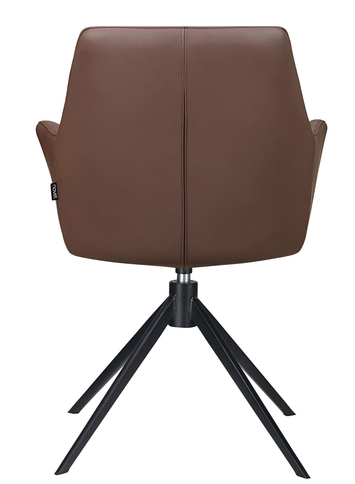 Rückansicht eines braunen Armlehnstuhls mit schwarzem Metallgestell und vier Beinen.