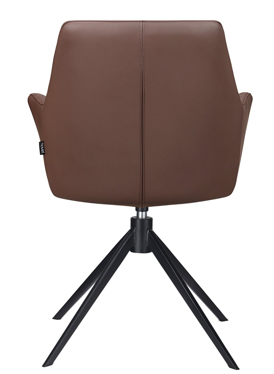 Achterkant van een bruine fauteuil met een zwart metalen frame en vier poten.