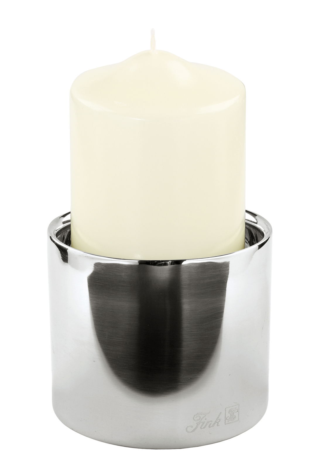 Edelstahl Stumpenhalter mit weißer Kerze, seitliche Perspektive