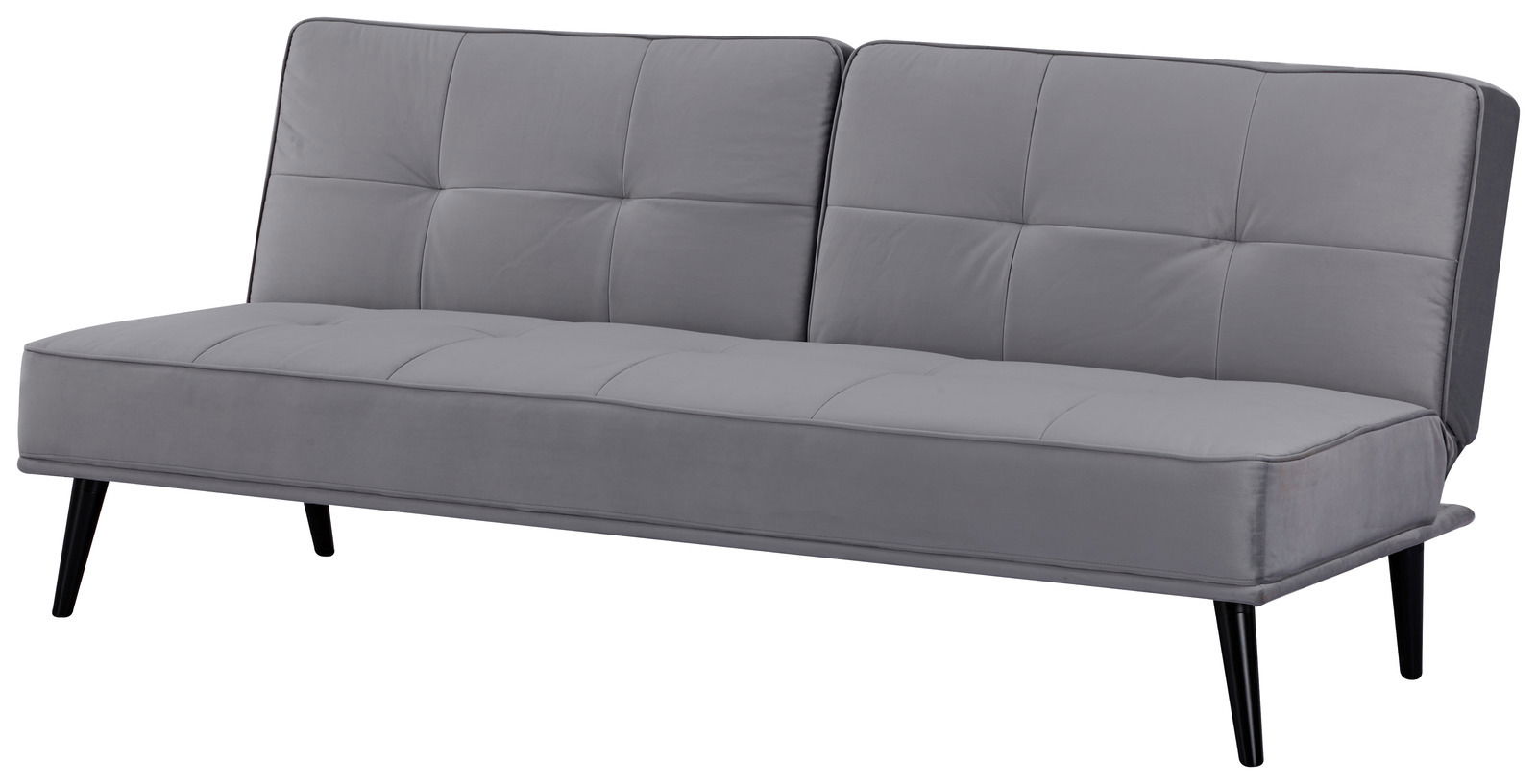 Graues Funktionssofa mit schwarzem Metallgestell, seitliche Perspektive