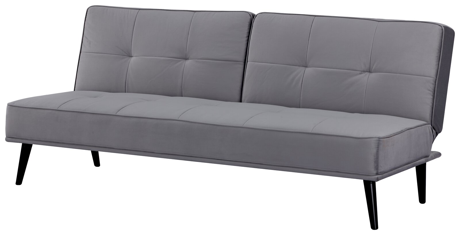 Graues Funktionssofa mit schwarzem Metallgestell, seitliche Perspektive