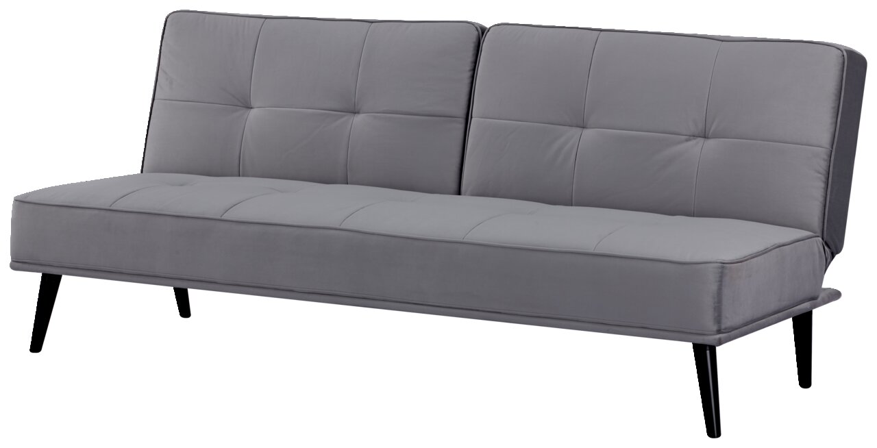 Graues Funktionssofa mit schwarzem Metallgestell, seitliche Perspektive